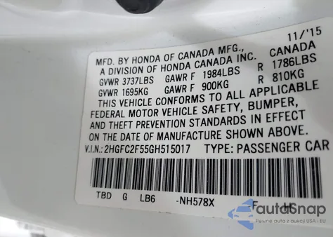 2016 Honda Civic Lx из США, поврежденный, VIN 2HGFC2F55GH515017